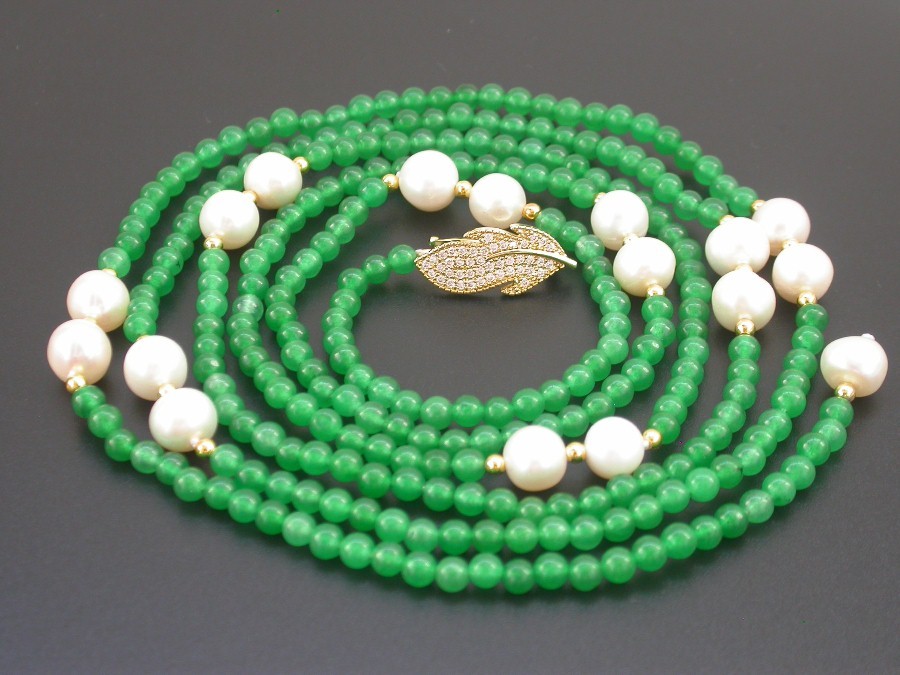 Popular Long  natural 47" 9mm round white pearls green jade necklace filled gold c1837