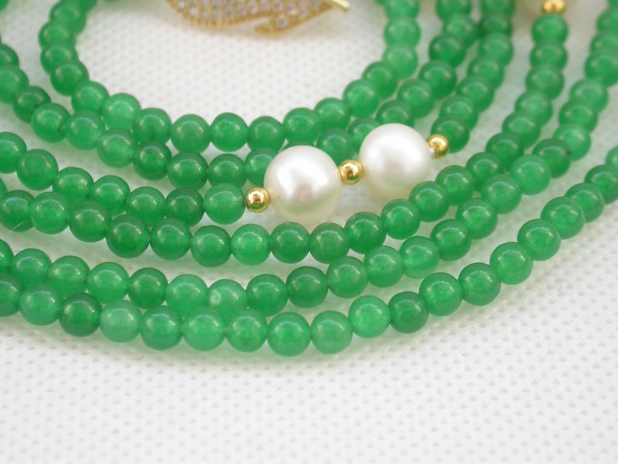Popular Long  natural 47" 9mm round white pearls green jade necklace filled gold c1837