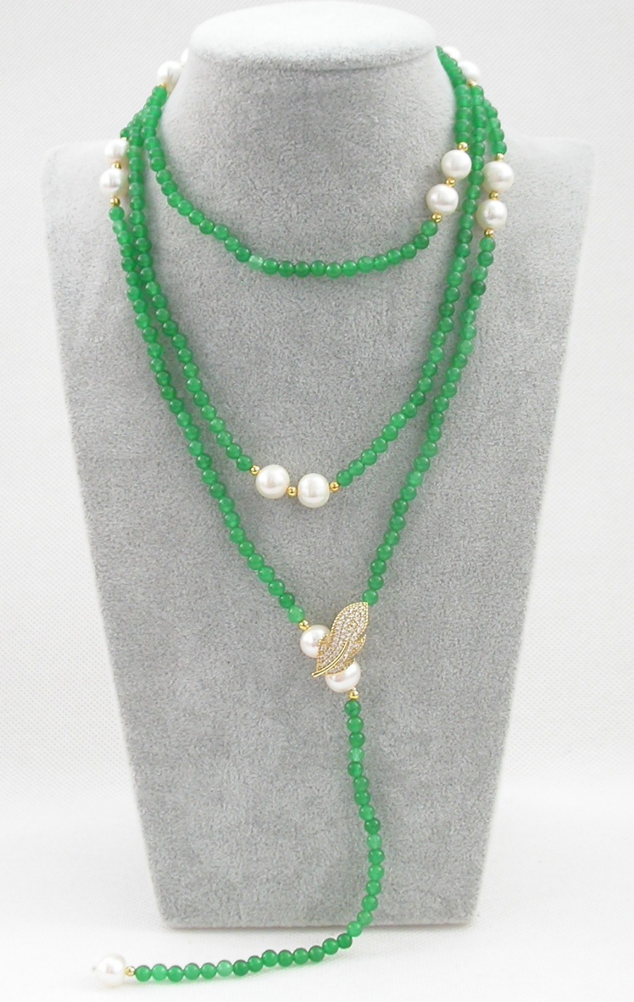 Popular Long  natural 47" 9mm round white pearls green jade necklace filled gold c1837