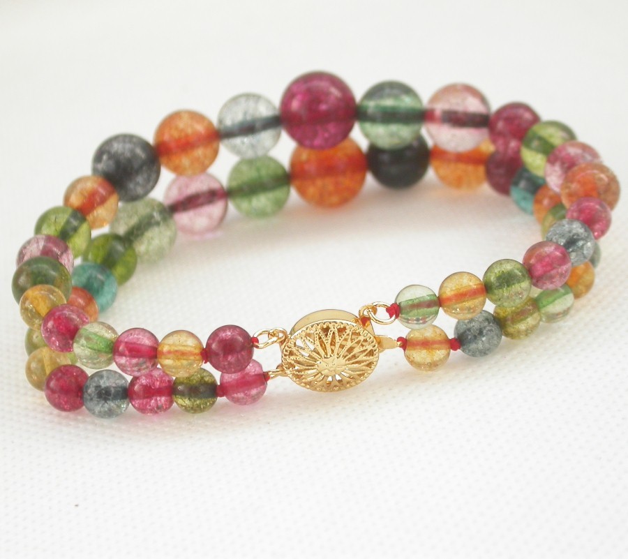 AAA 8" 2row natural Graduated round Multicolor tourmaline bracelet c1838