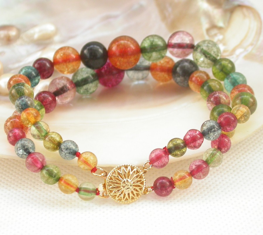 AAA 8" 2row natural Graduated round Multicolor tourmaline bracelet c1838
