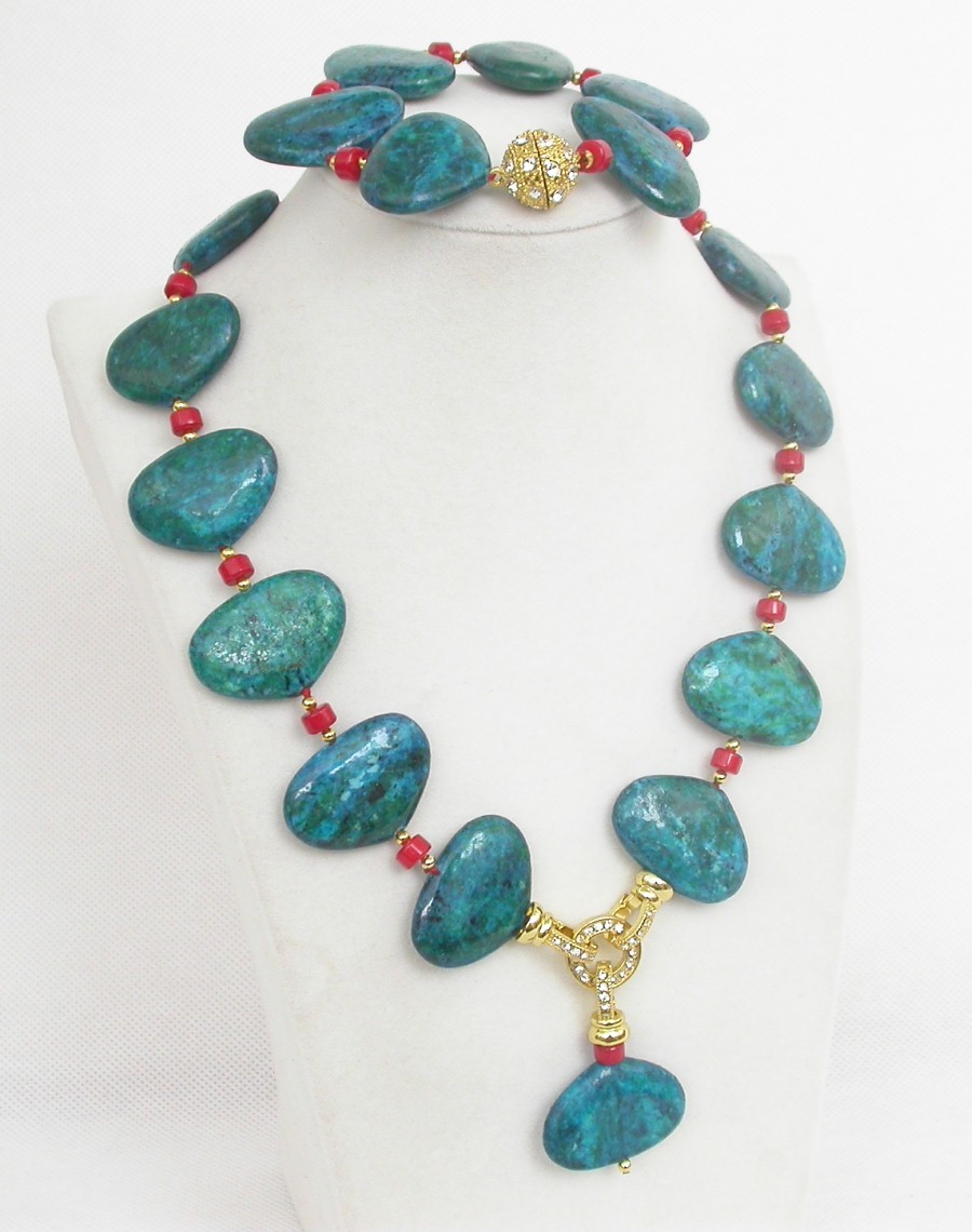AAA natural 18" 21X30mm red coral oval green chrysocolla necklace bracelet c1847