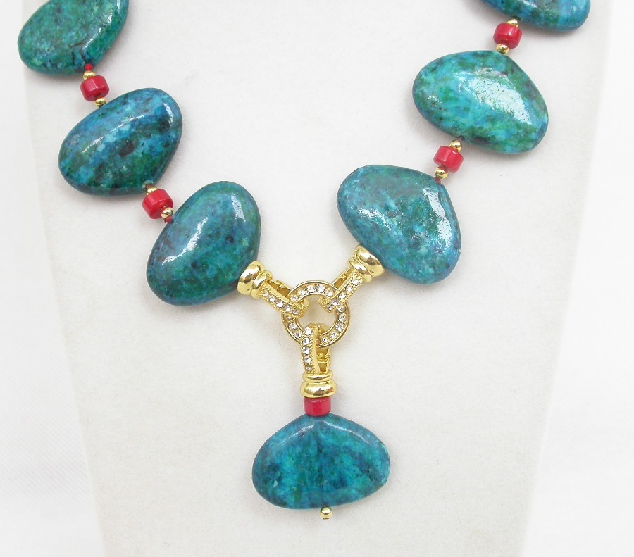 AAA natural 18" 21X30mm red coral oval green chrysocolla necklace bracelet c1847