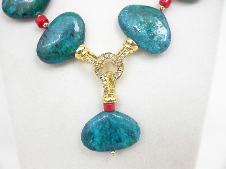 AAA natural 18" 21X30mm red coral oval green chrysocolla necklace bracelet c1847