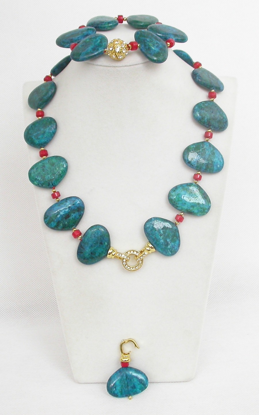 AAA natural 18" 21X30mm red coral oval green chrysocolla necklace bracelet c1847