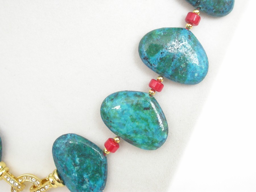 AAA natural 18" 21X30mm red coral oval green chrysocolla necklace bracelet c1847