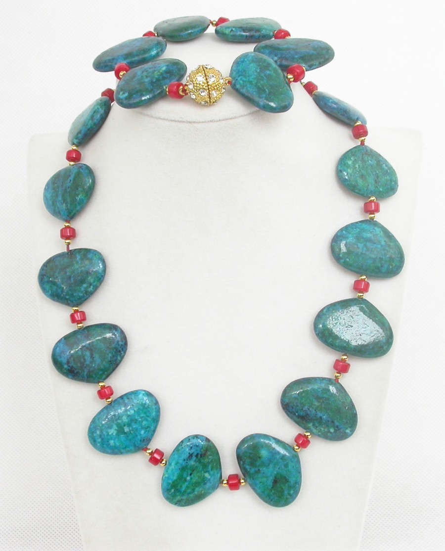 AAA natural 18" 21X30mm red coral oval green chrysocolla necklace bracelet c1847