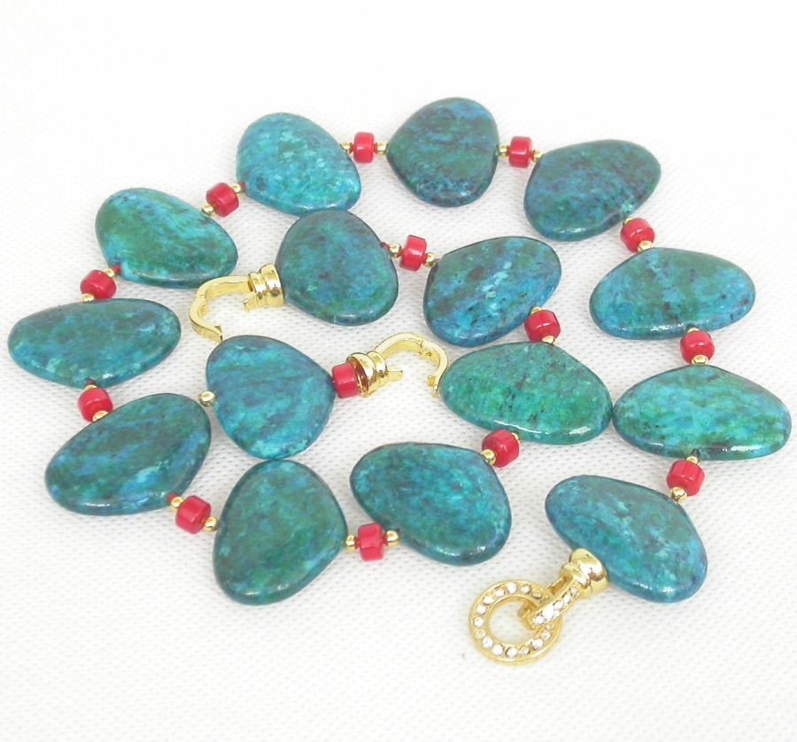 AAA natural 18" 21X30mm red coral oval green chrysocolla necklace bracelet c1847