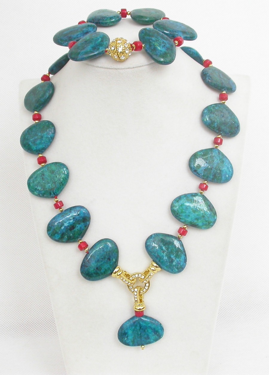 AAA natural 18" 21X30mm red coral oval green chrysocolla necklace bracelet c1847