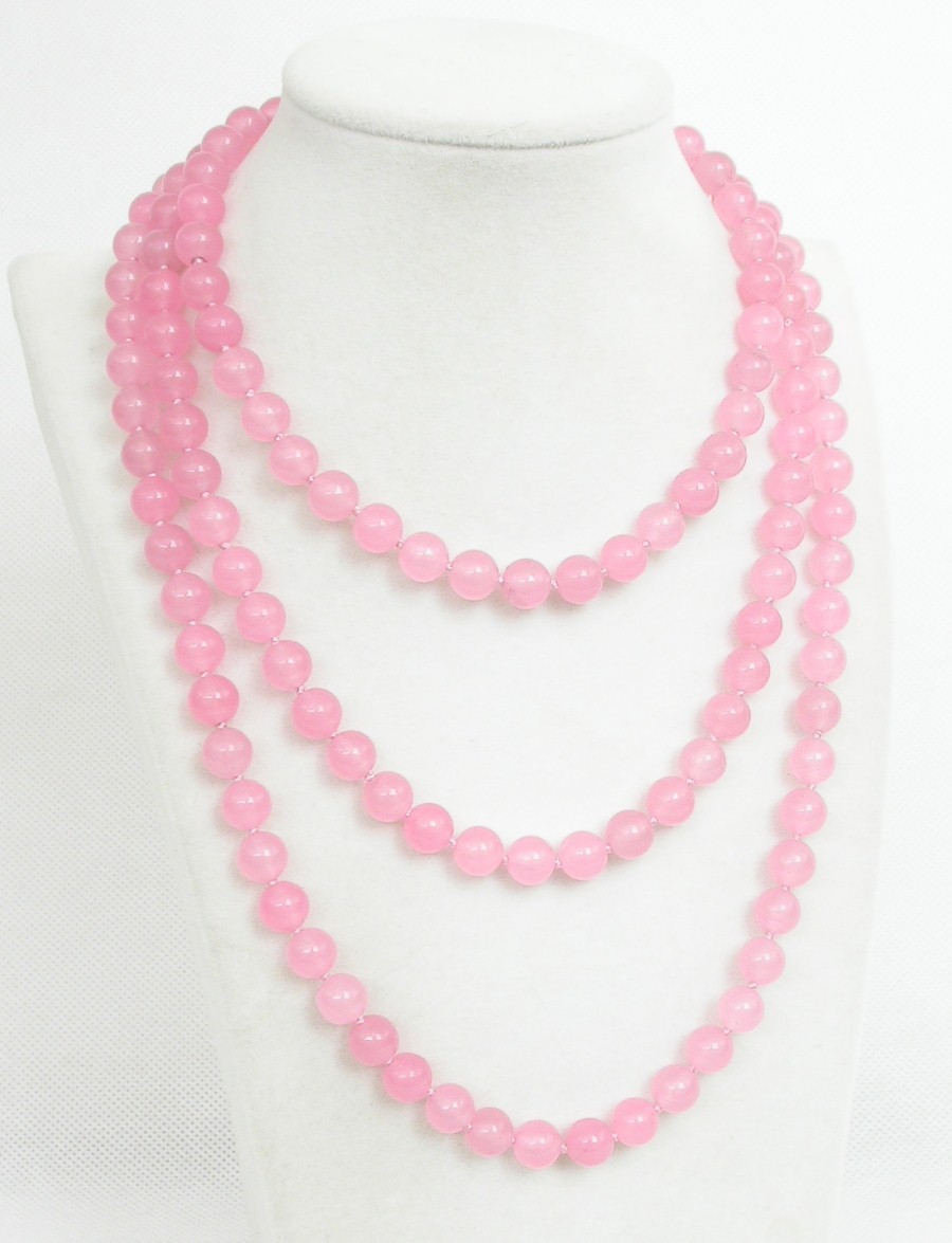 Long 50" 8mm 10mm round natural pink jade beads Strand Gems necklace 18KGP c1852