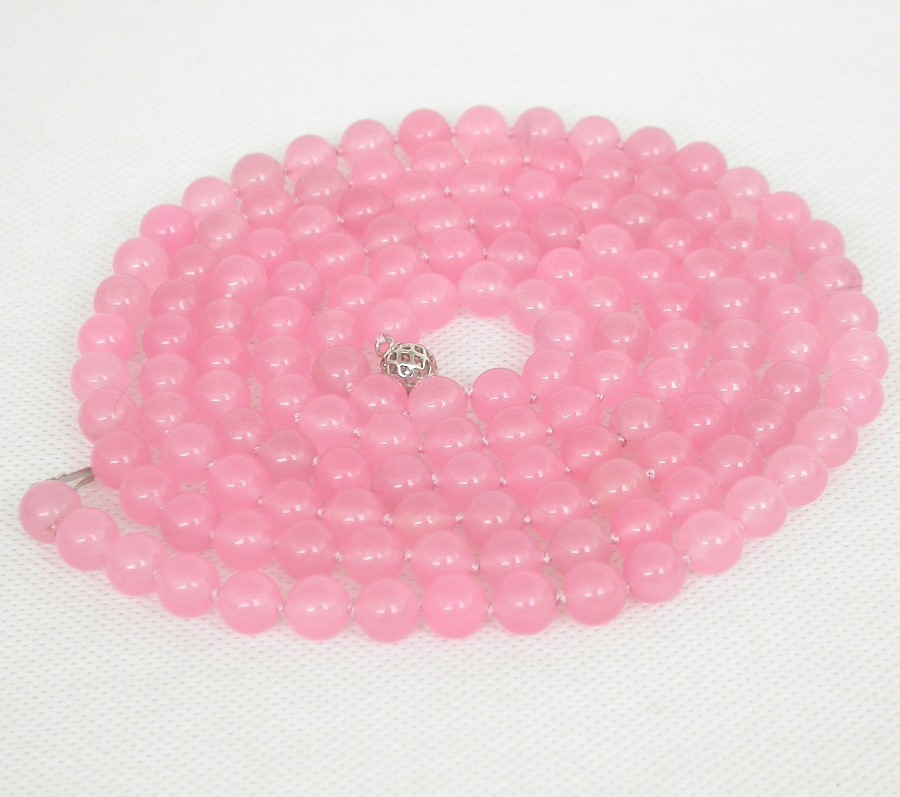 Long 50" 8mm 10mm round natural pink jade beads Strand Gems necklace 18KGP c1852