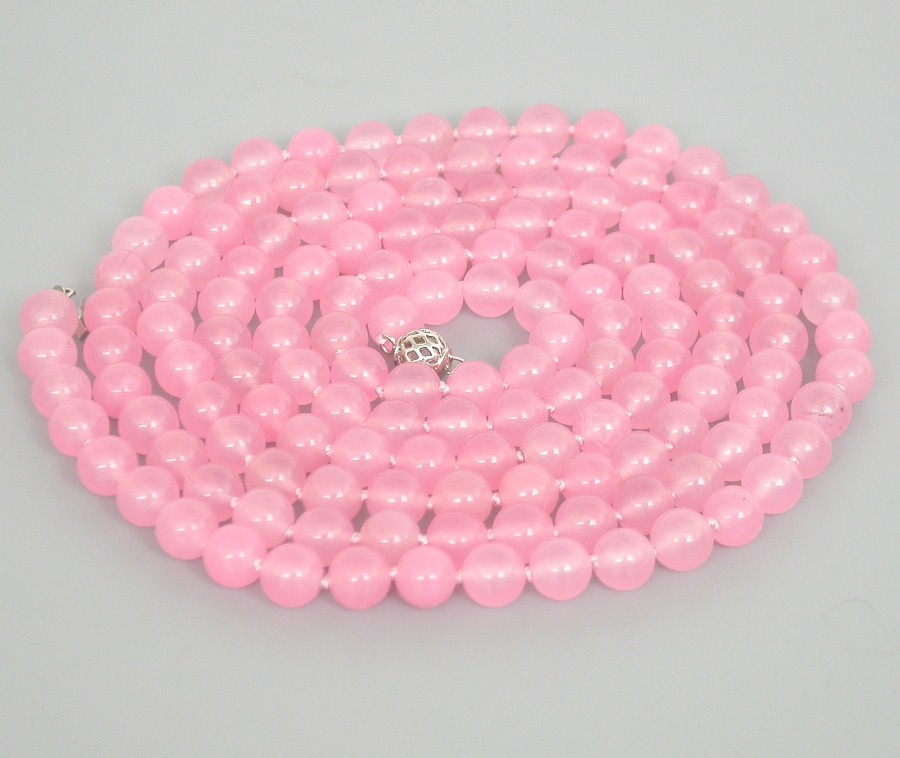 Long 50" 8mm 10mm round natural pink jade beads Strand Gems necklace 18KGP c1852