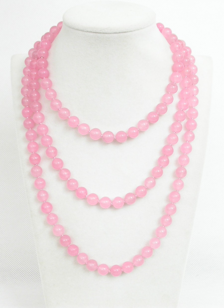 Long 50" 8mm 10mm round natural pink jade beads Strand Gems necklace 18KGP c1852