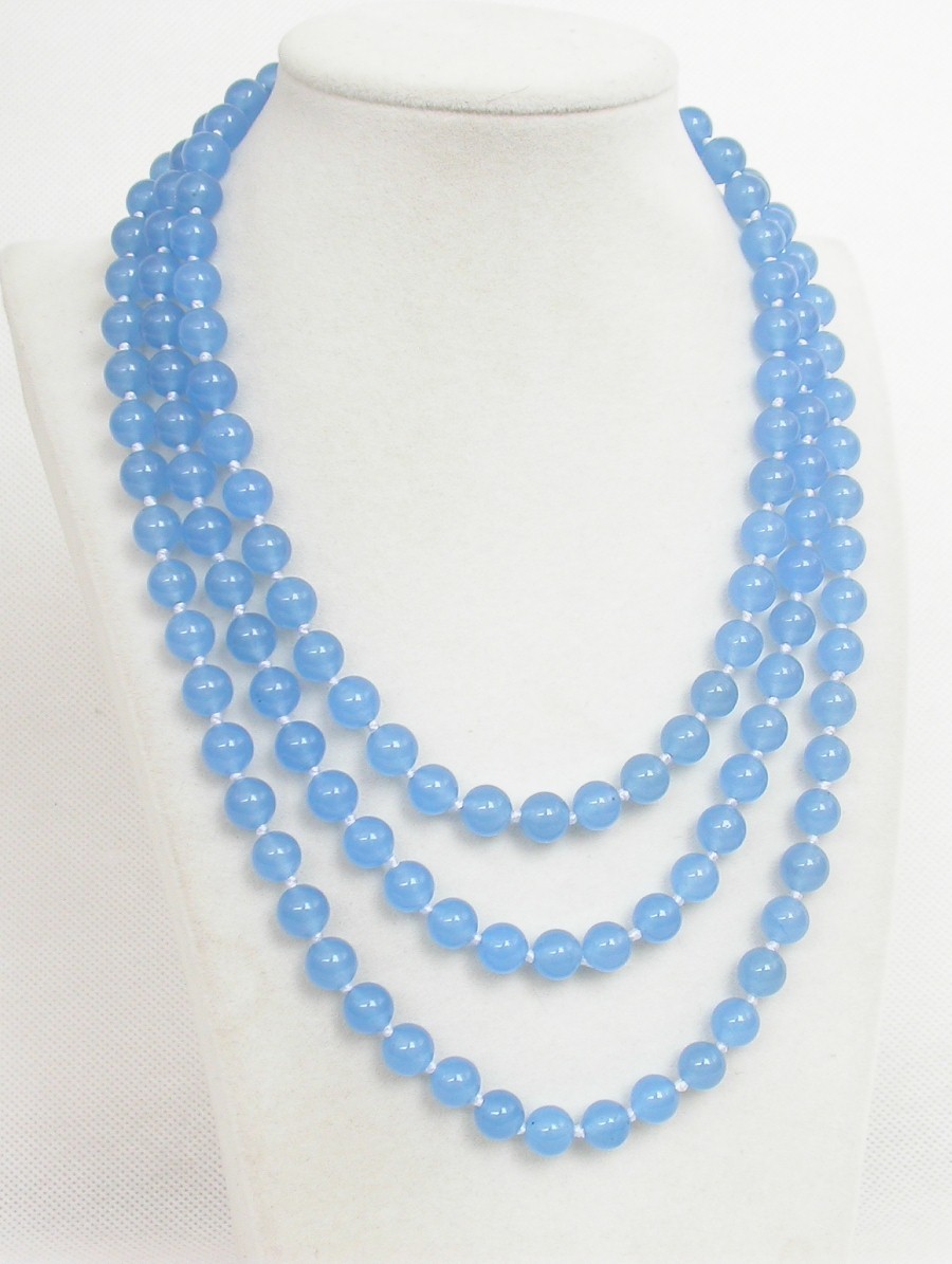 Long 50" 8mm 10mm round natural light blue jade beads Strand Gems necklace 18KGP c1853