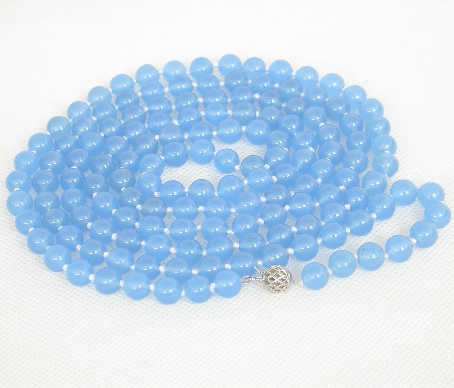 Long 50" 8mm 10mm round natural light blue jade beads Strand Gems necklace 18KGP c1853
