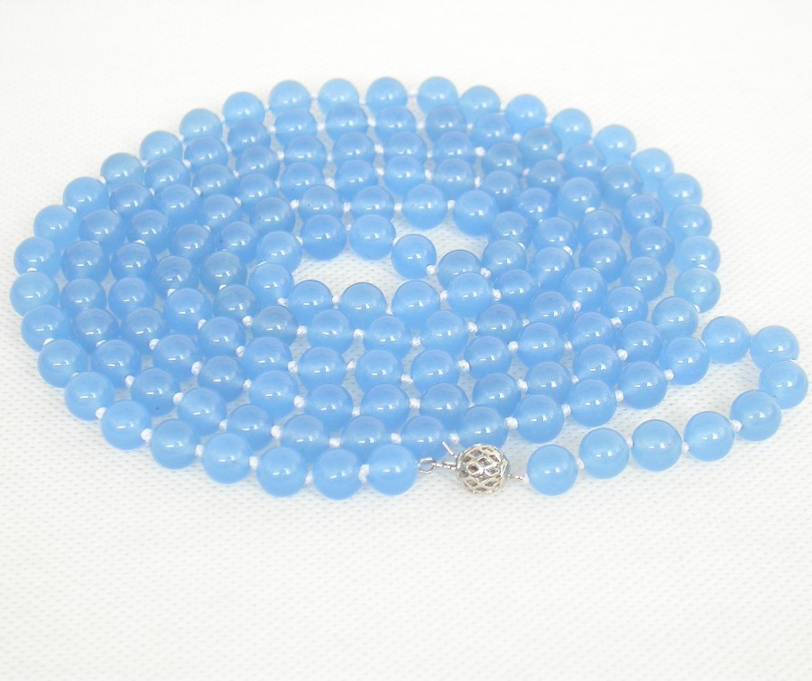 Long 50" 8mm 10mm round natural light blue jade beads Strand Gems necklace 18KGP c1853