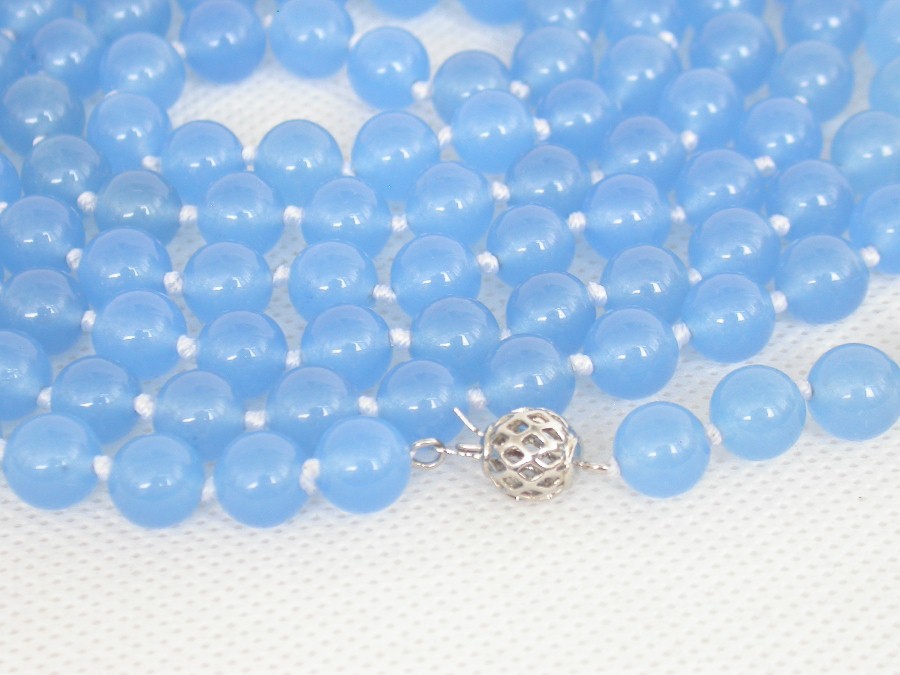 Long 50" 8mm 10mm round natural light blue jade beads Strand Gems necklace 18KGP c1853