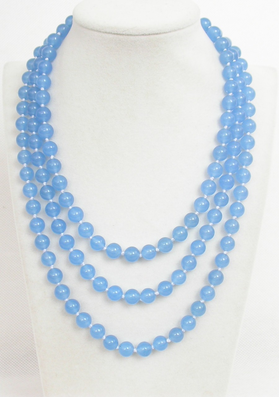 Long 50" 8mm 10mm round natural light blue jade beads Strand Gems necklace 18KGP c1853