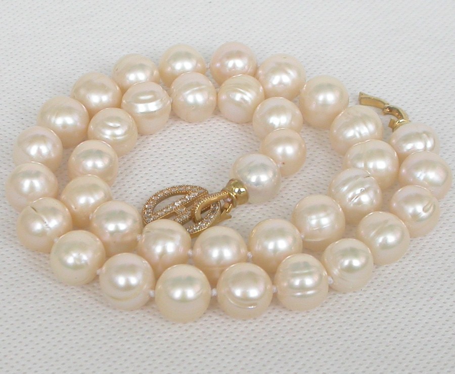 natural 18.5" 12mm Near round light pink freshwater pearl beads necklace c1860