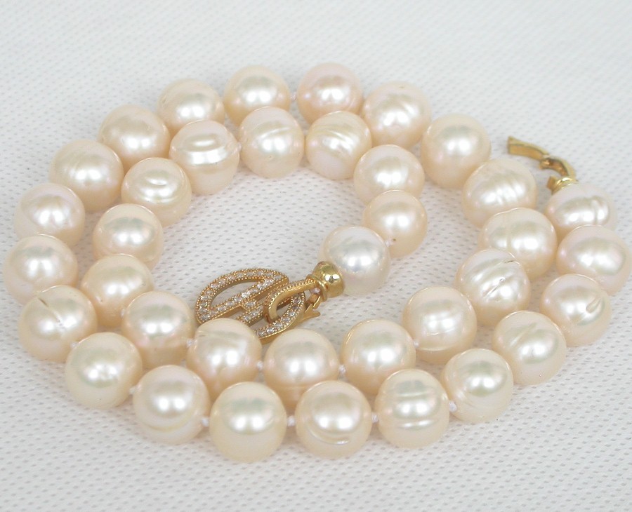 natural 18.5" 12mm Near round light pink freshwater pearl beads necklace c1860