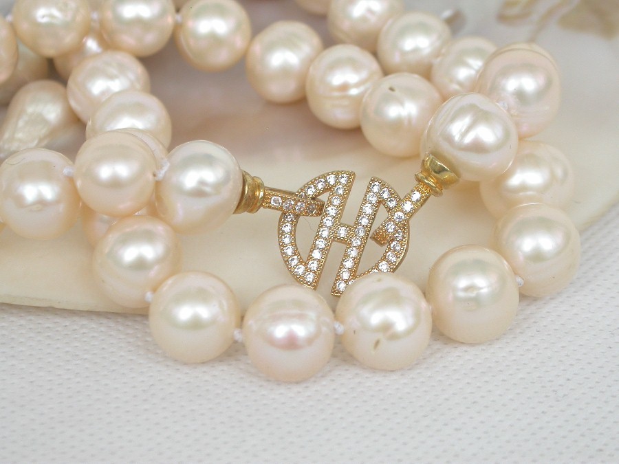 natural 18.5" 12mm Near round light pink freshwater pearl beads necklace c1860