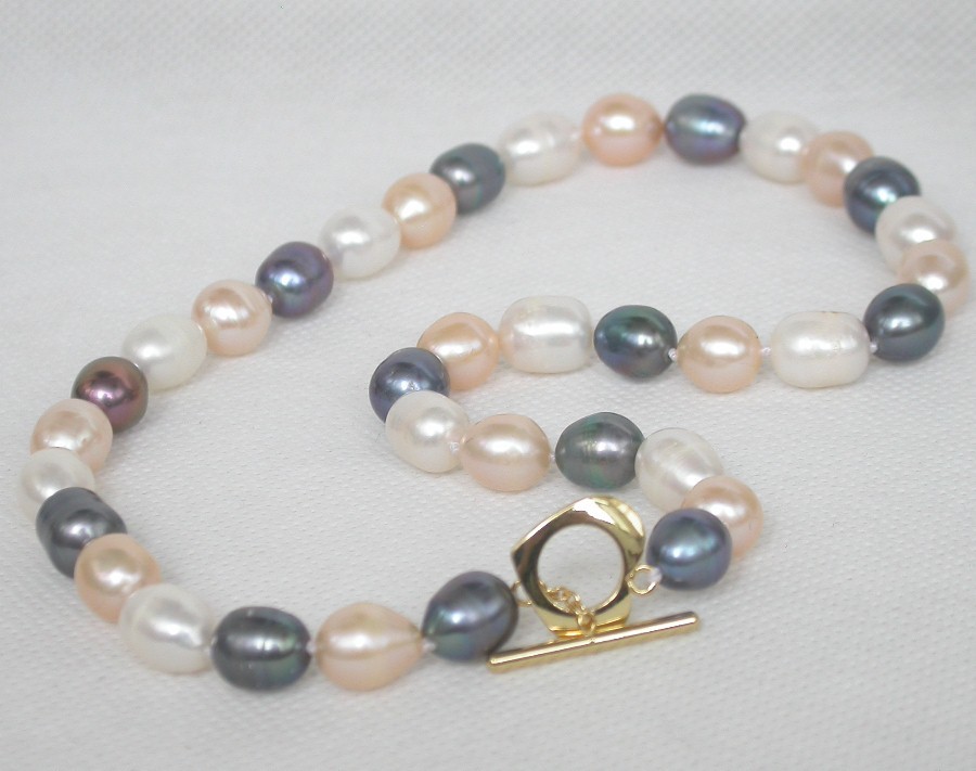 Genuine 17" 11mm rice white pinnk peacock Black pearl beads necklace c1864