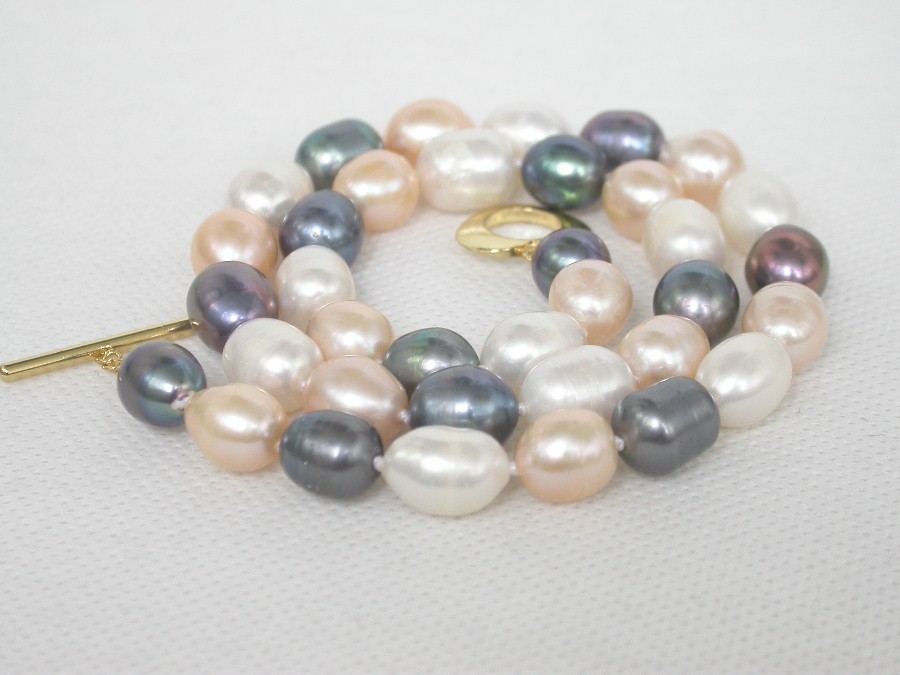 Genuine 17" 11mm rice white pinnk peacock Black pearl beads necklace c1864