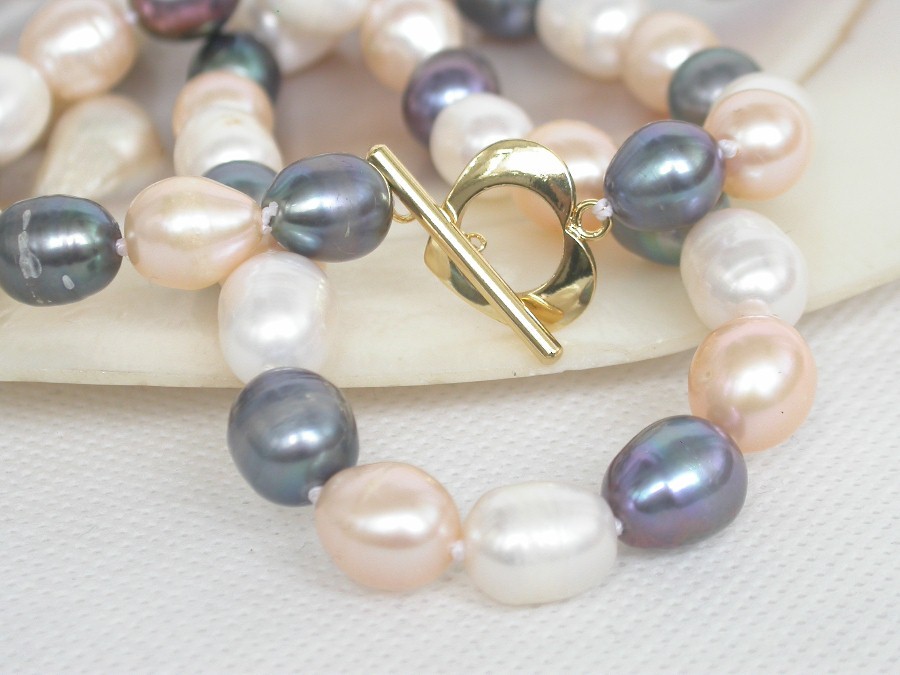 Genuine 17" 11mm rice white pinnk peacock Black pearl beads necklace c1864