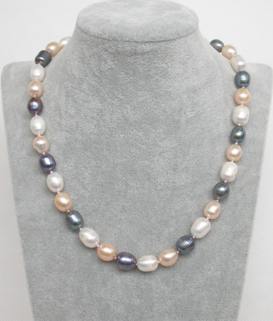Genuine 17" 11mm rice white pinnk peacock Black pearl beads necklace c1864