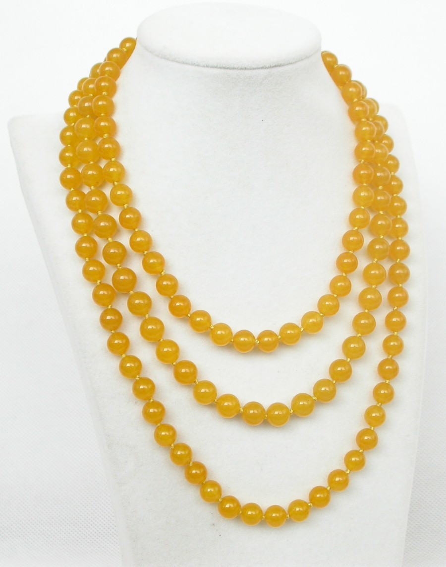 Long 50" 8mm 10mm round natural yellow jade beads Strand Gems necklace c1874