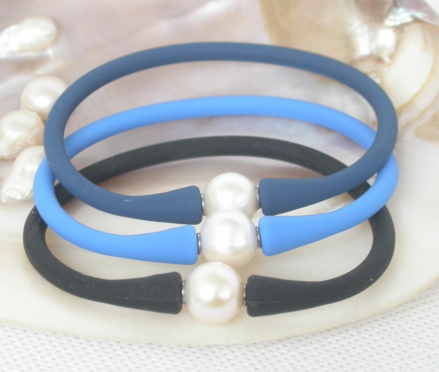 natural 3pcs rubbery springy white pearl Blue Black light blue Silicone rubber Bracelet c1876