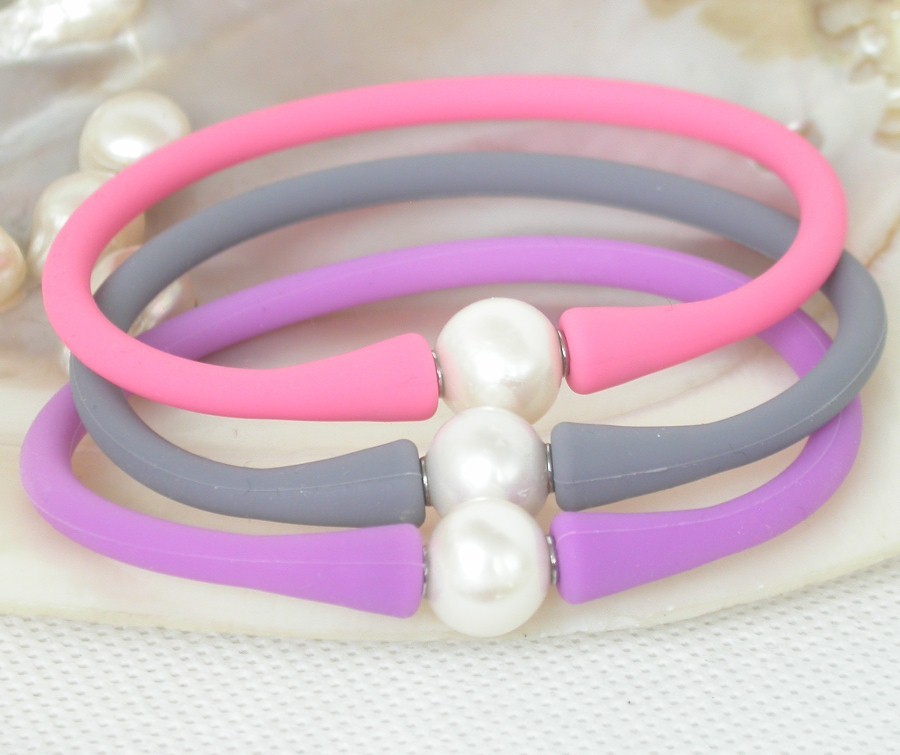 natural 7" 8" 3pcs rubbery springy round white pearl pink gray purple Silicone rubber Bracelet c1877