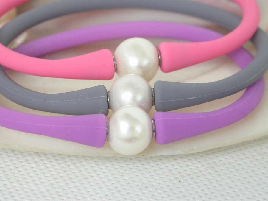 natural 7" 8" 3pcs rubbery springy round white pearl pink gray purple Silicone rubber Bracelet c1877