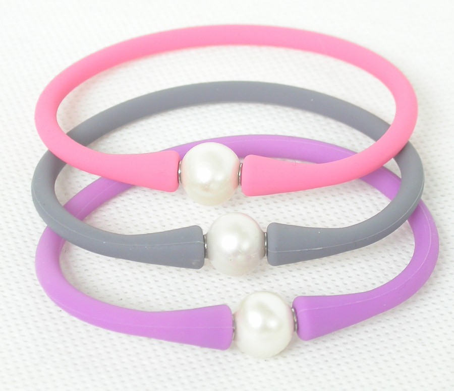 natural 7" 8" 3pcs rubbery springy round white pearl pink gray purple Silicone rubber Bracelet c1877