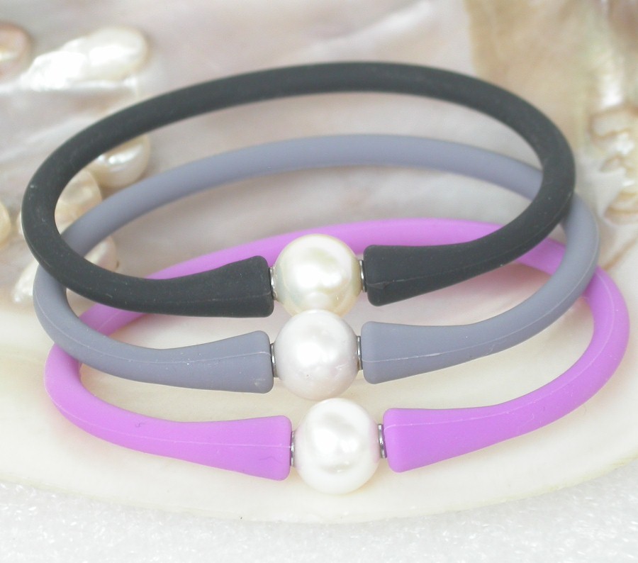Selectable 7" 8" 3pcs rubbery springy white pearl black gray purple Silicone rubber Bracelet c1879