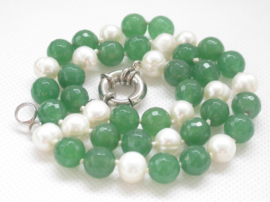 Natural 18" 10mm Round Faceted Green Jade White Pearls Necklace 18KGP c1402