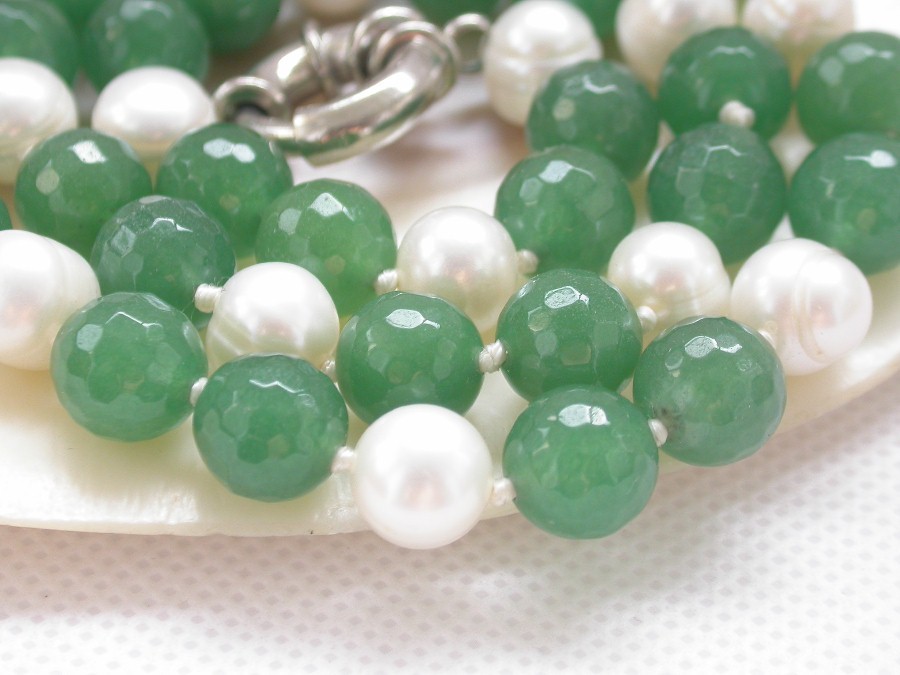 Natural 18" 10mm Round Faceted Green Jade White Pearls Necklace 18KGP c1402