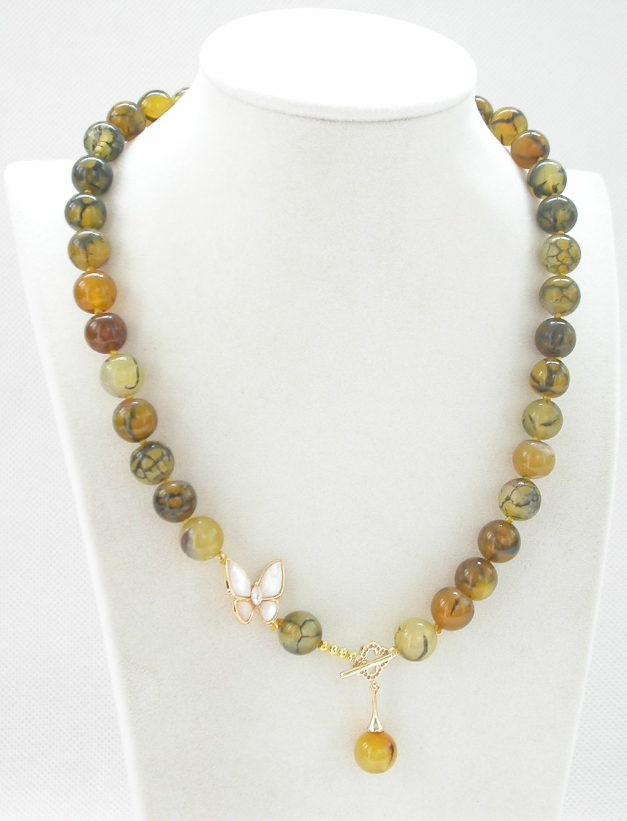 Natural 18" 10mm Round Crackle Yellow Agate Beads Necklace C1403