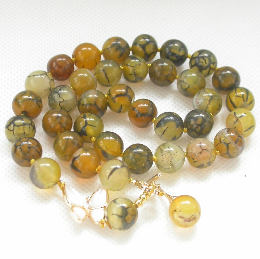 Natural 18" 10mm Round Crackle Yellow Agate Beads Necklace C1403