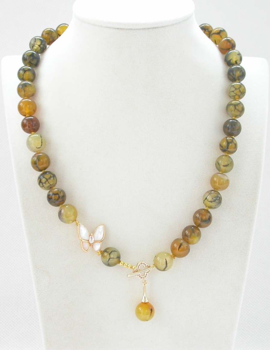 Natural 18" 10mm Round Crackle Yellow Agate Beads Necklace C1403