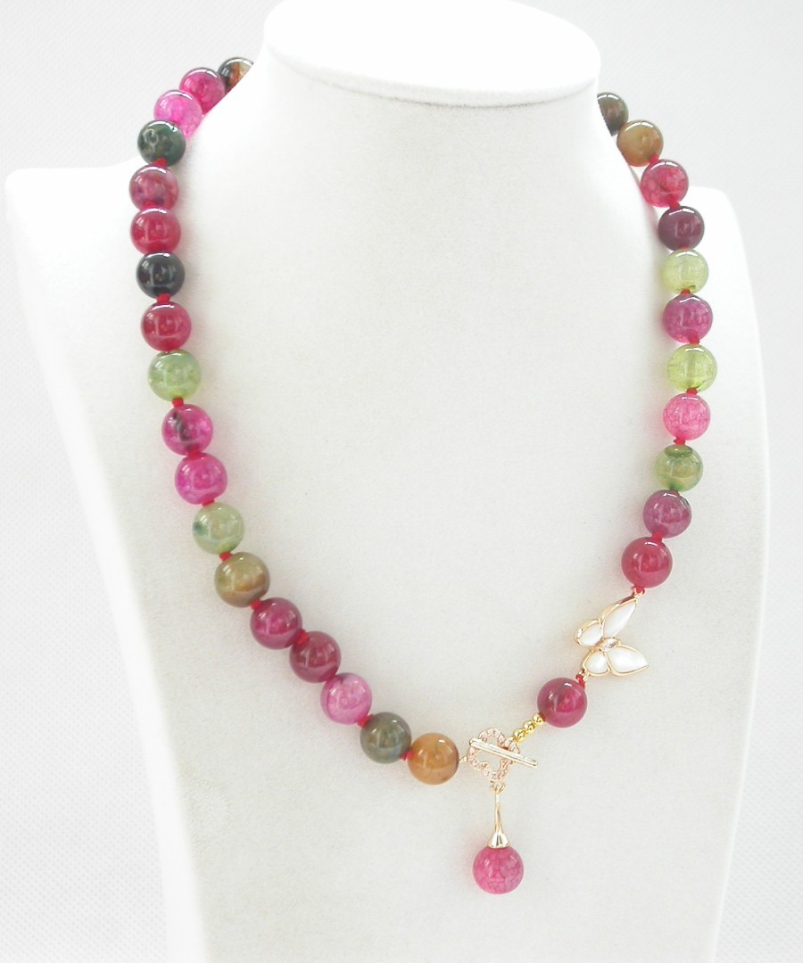 natural 17" 10mm round Crackle veins Multicolor agate beads necklace c1404