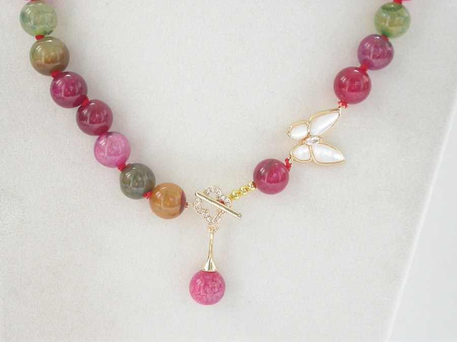 natural 17" 10mm round Crackle veins Multicolor agate beads necklace c1404