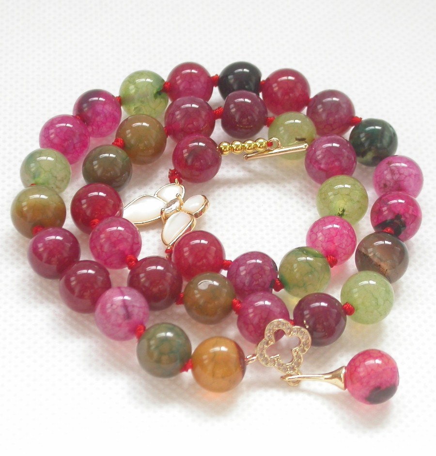 natural 17" 10mm round Crackle veins Multicolor agate beads necklace c1404