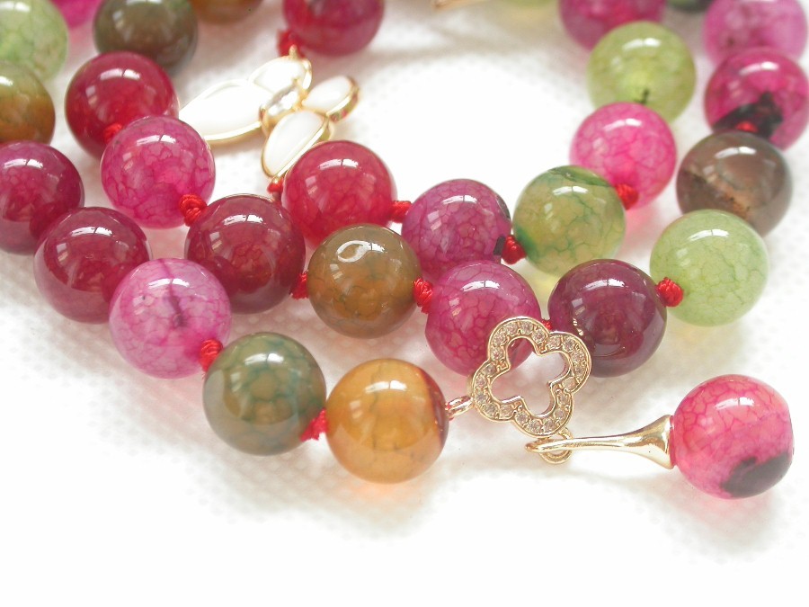 natural 17" 10mm round Crackle veins Multicolor agate beads necklace c1404