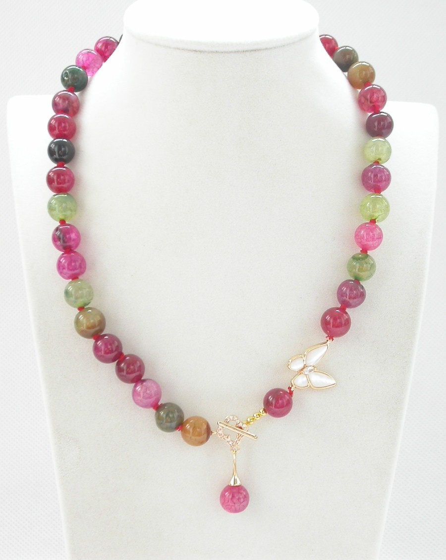 natural 17" 10mm round Crackle veins Multicolor agate beads necklace c1404