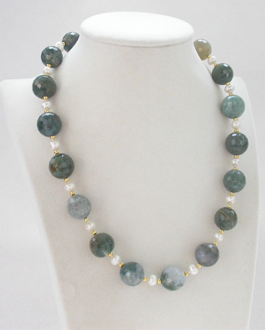 natural 18" 14mm round diced faceted Multicolor jade white pearls necklace c1432