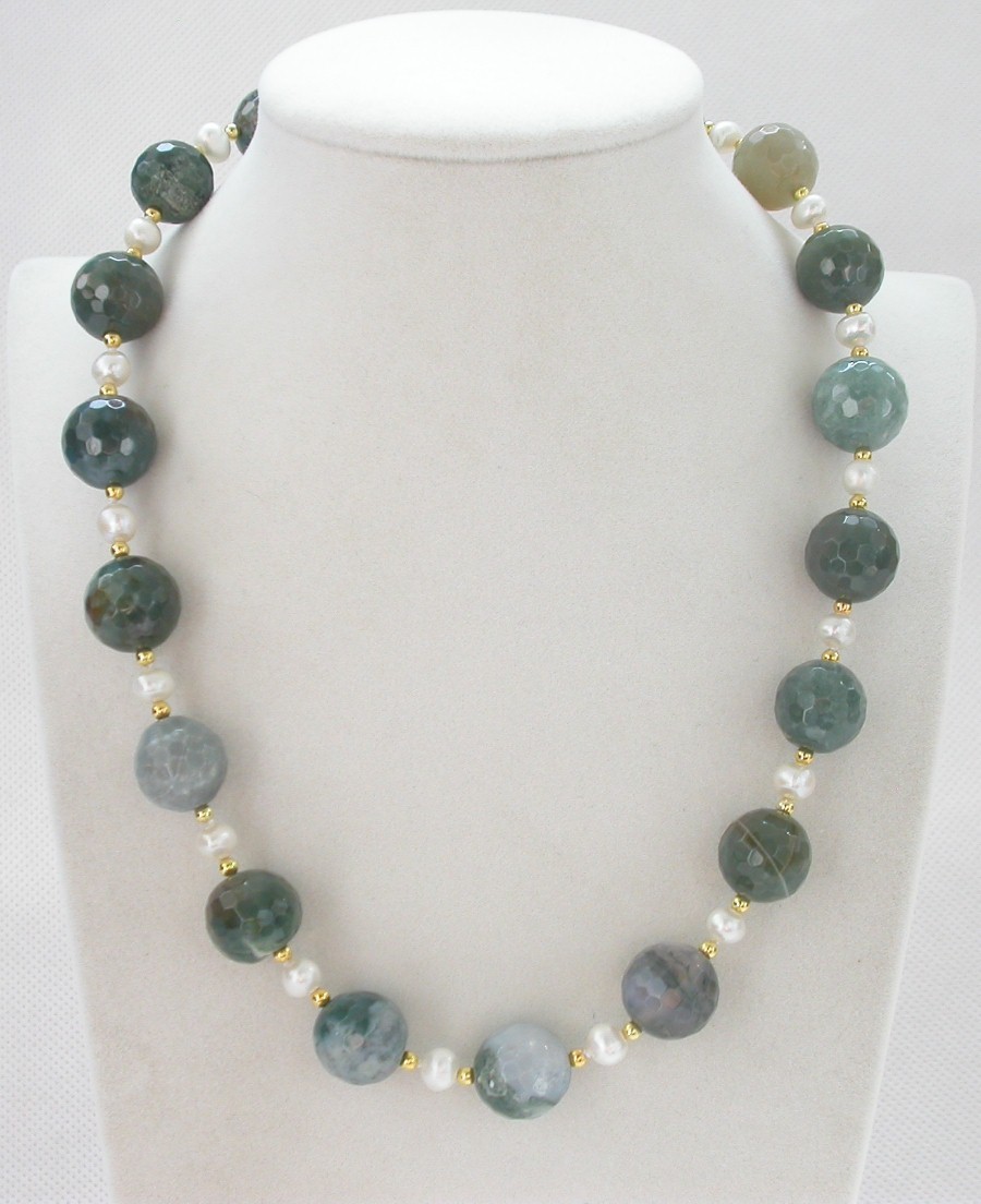 natural 18" 14mm round diced faceted Multicolor jade white pearls necklace c1432