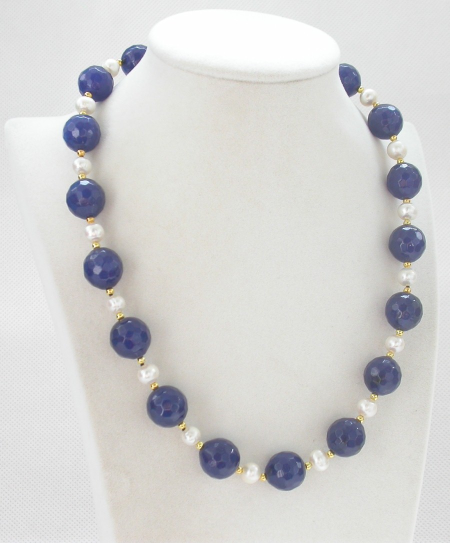 natural 18" 14mm round diced faceted navy blue jade white pearls necklace c1433