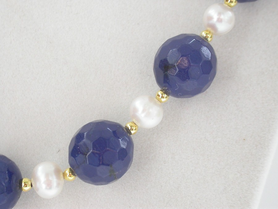natural 18" 14mm round diced faceted navy blue jade white pearls necklace c1433