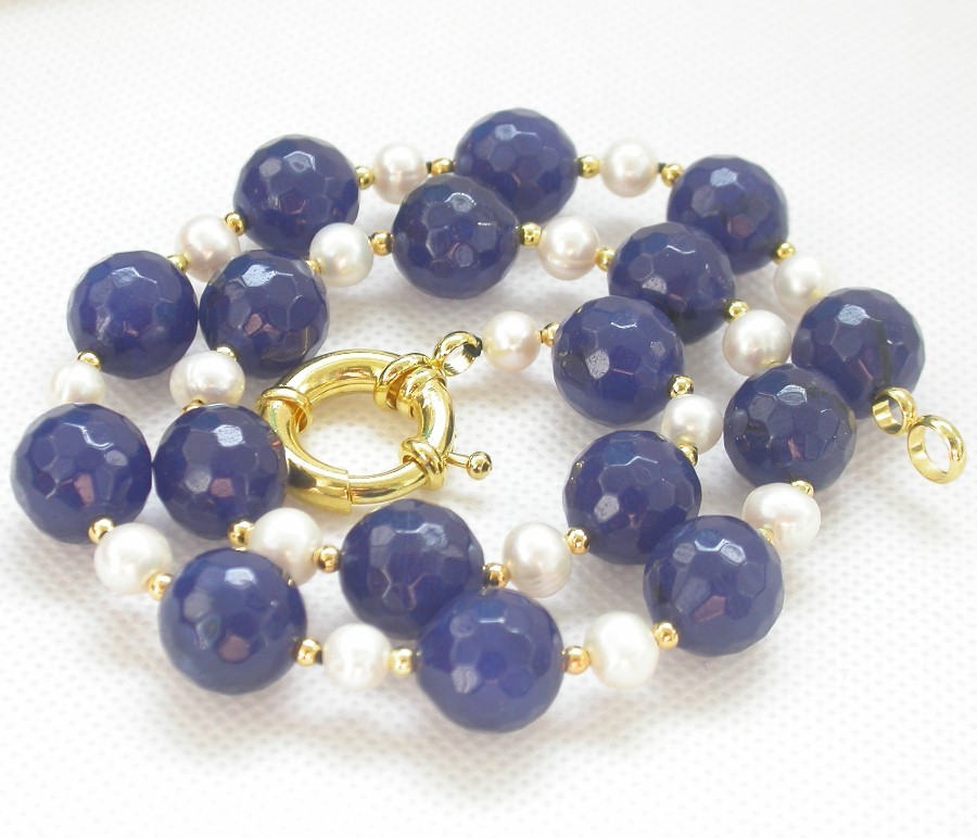 natural 18" 14mm round diced faceted navy blue jade white pearls necklace c1433